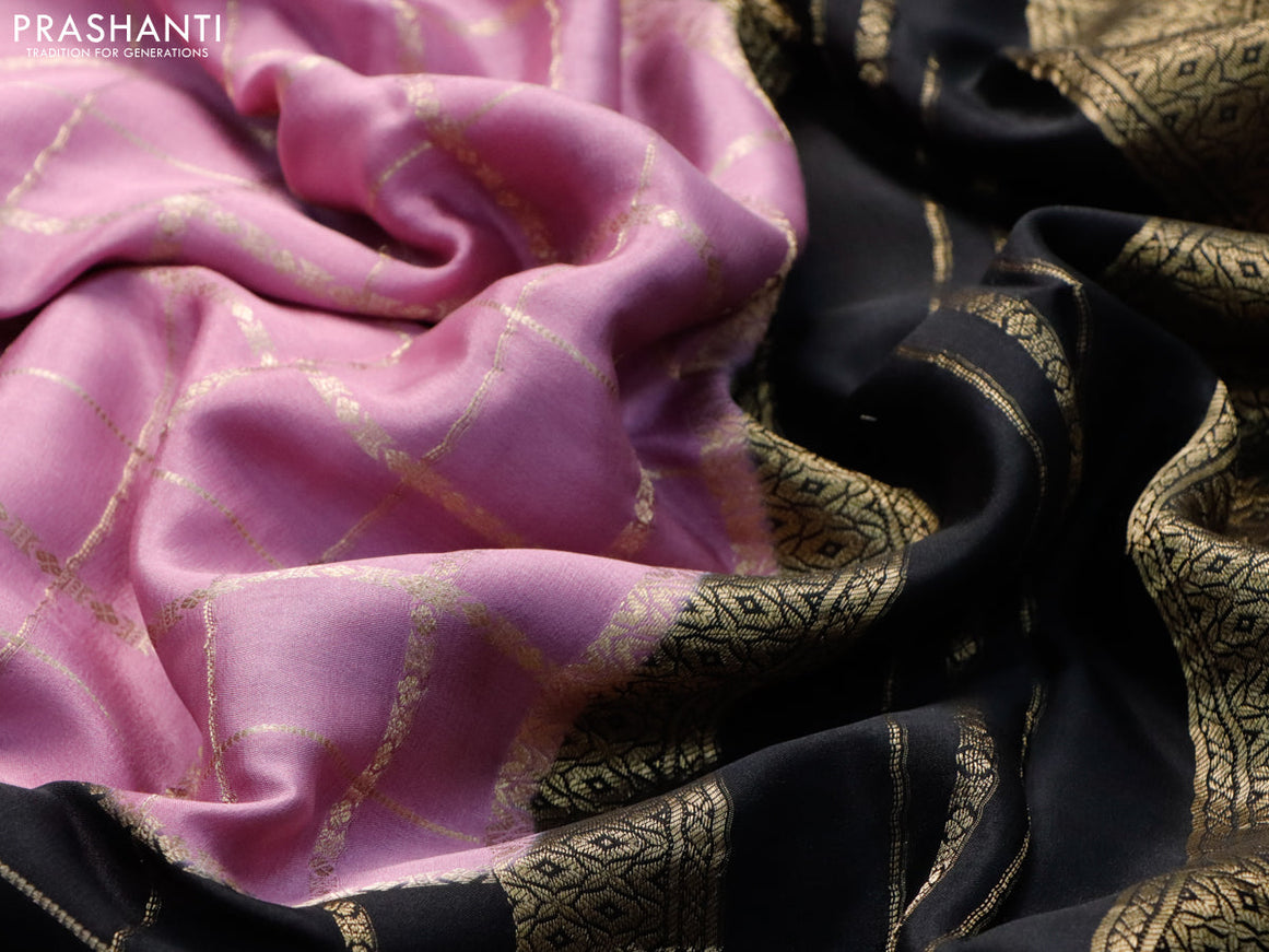 Mysore silk saree mild purple black and maroon with allover zari checked pattern and zari woven border
