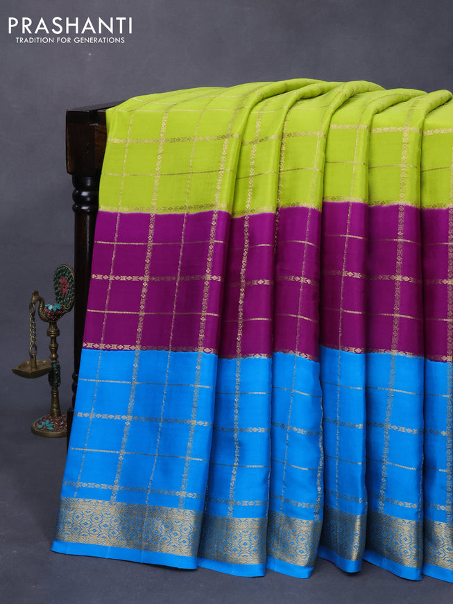 Mysore silk saree pista green purple and cs blue with allover zari checked pattern and zari woven border