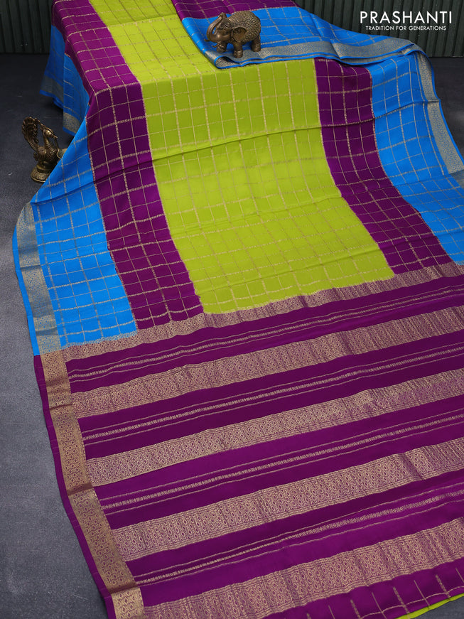 Mysore silk saree pista green purple and cs blue with allover zari checked pattern and zari woven border
