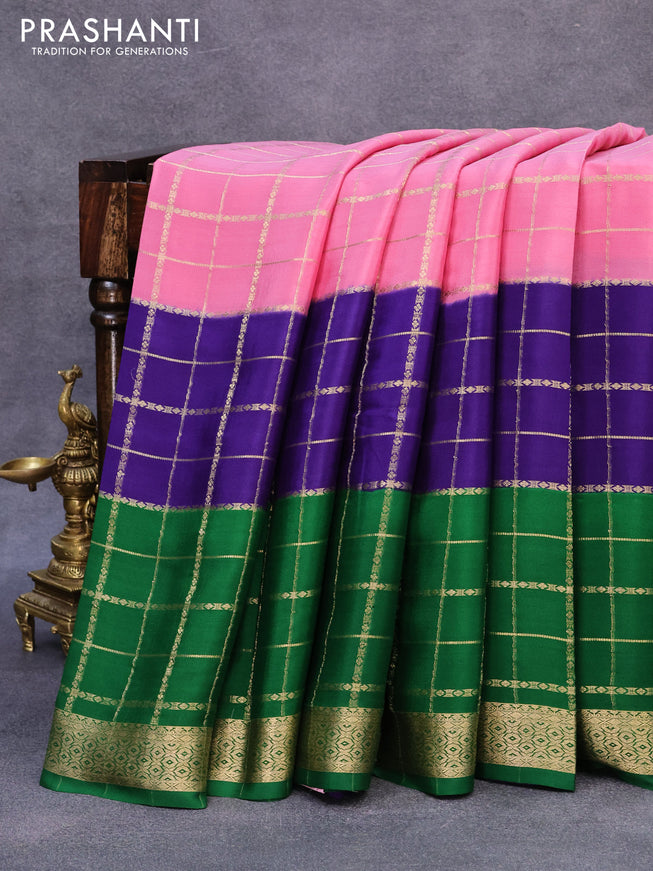 Mysore silk saree pastel pink and blue green with allover zari checked pattern and zari woven border