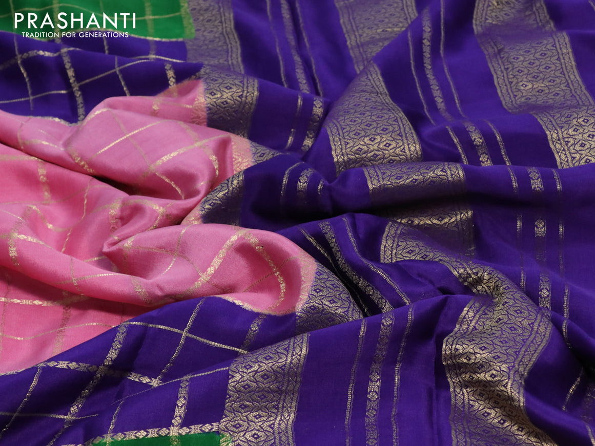 Mysore silk saree pastel pink and blue green with allover zari checked pattern and zari woven border