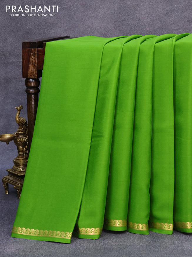 Mysore silk saree light green with plain body and small zari woven border
