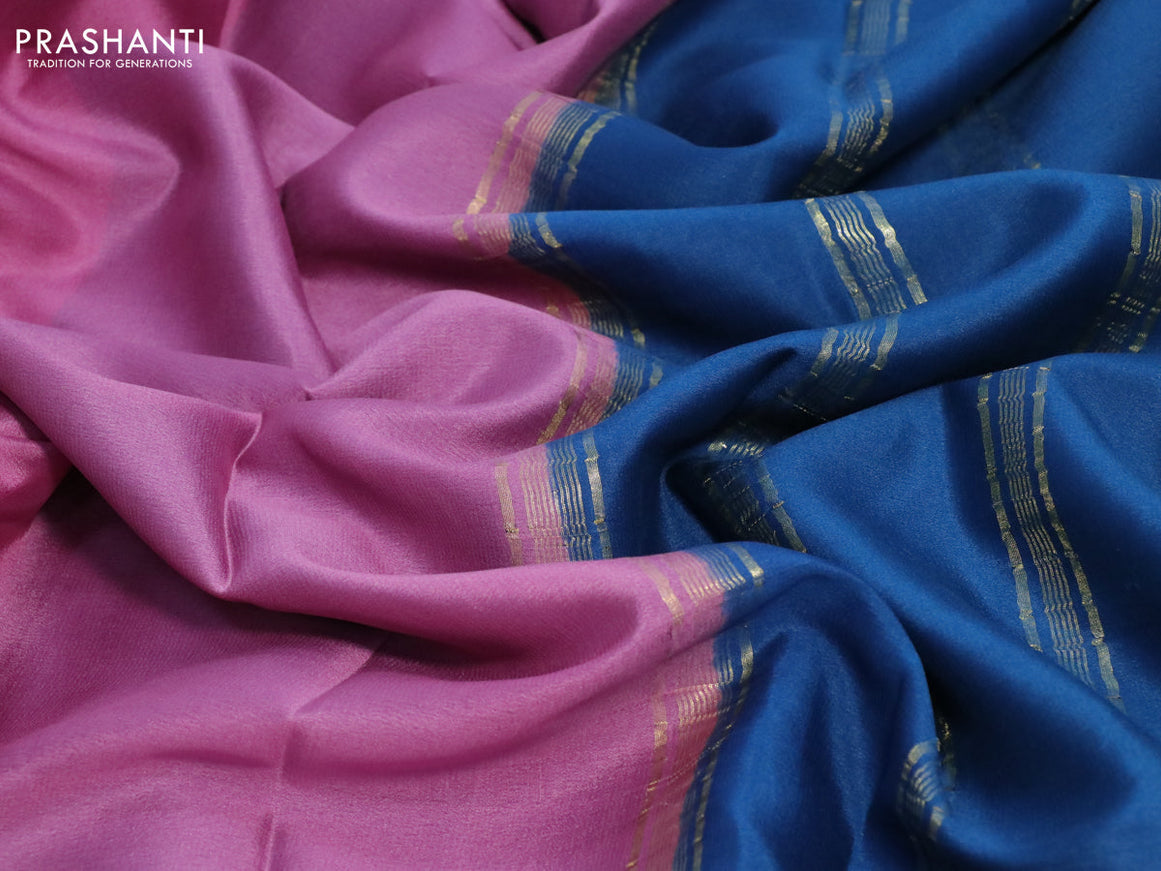 Mysore silk saree mauve pink and peacock blue with plain body and zari woven border