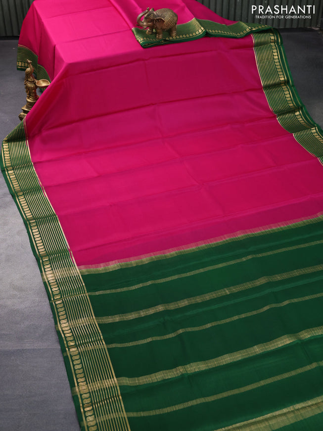 Mysore silk saree pink and green with plain body and zari woven border