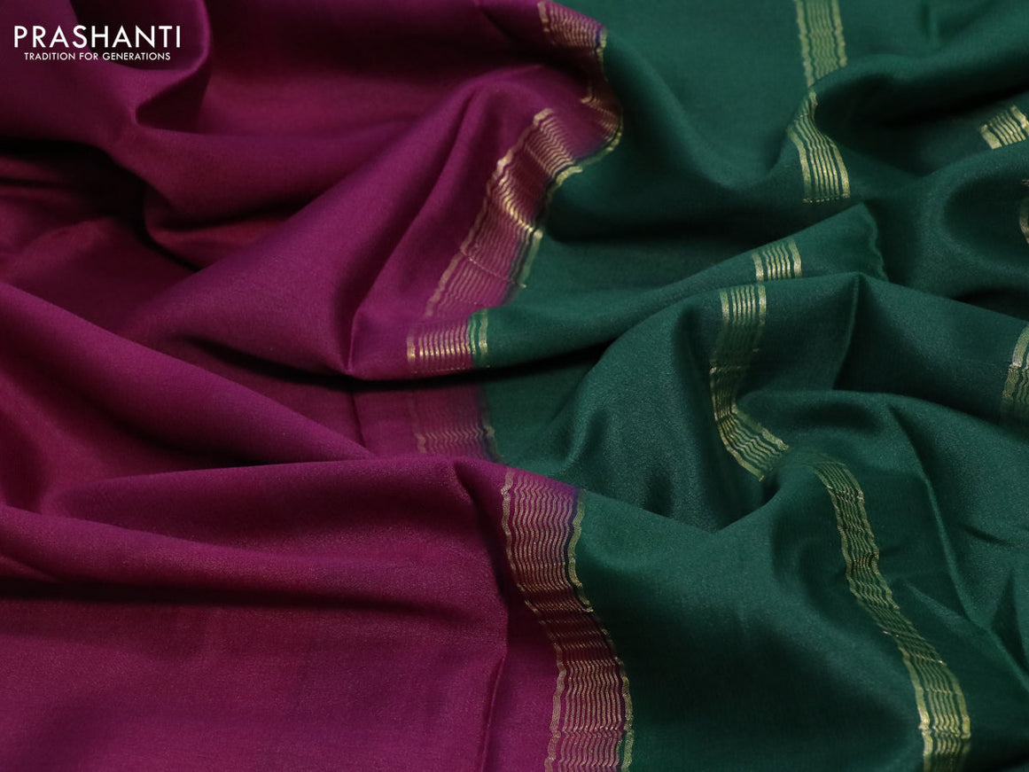 Mysore silk saree deep purple and green with plain body and zari woven border