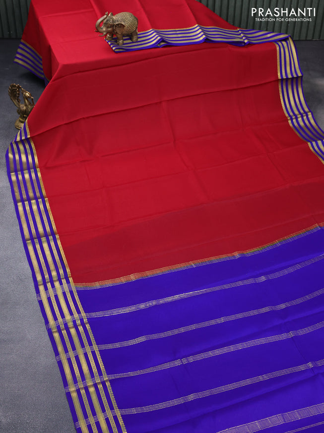 Mysore silk saree maroon and blue with plain body and zari woven border