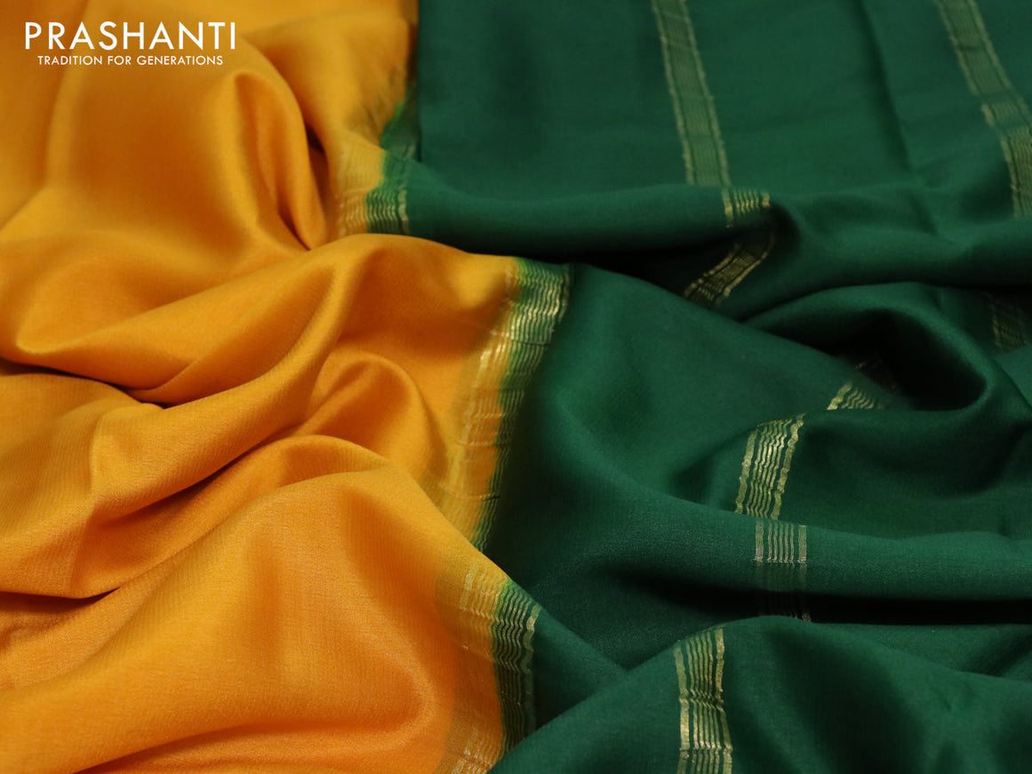 Mysore silk saree mustard yellow and green with plain body and zari woven border