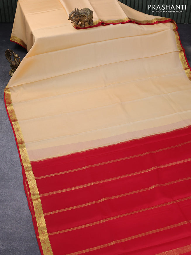 Mysore silk saree sandal and red with plain body and zari woven border