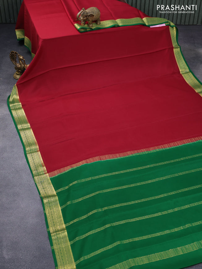 Mysore silk saree maroon and green with plain body and zari woven border