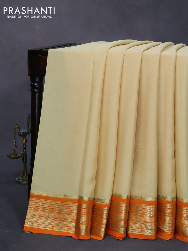 Mysore silk saree cream and orange with plain body and zari woven border