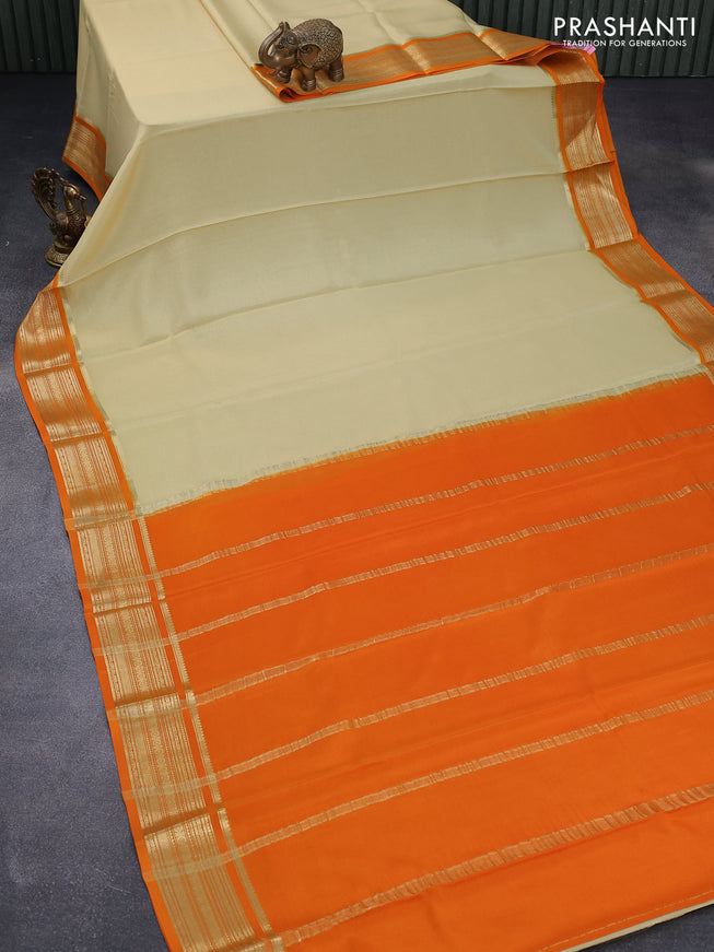 Mysore silk saree cream and orange with plain body and zari woven border