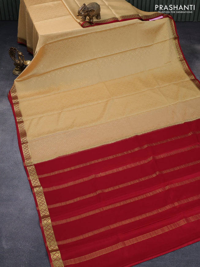 Mysore silk saree sandal and red with allover self emboss and zari woven border