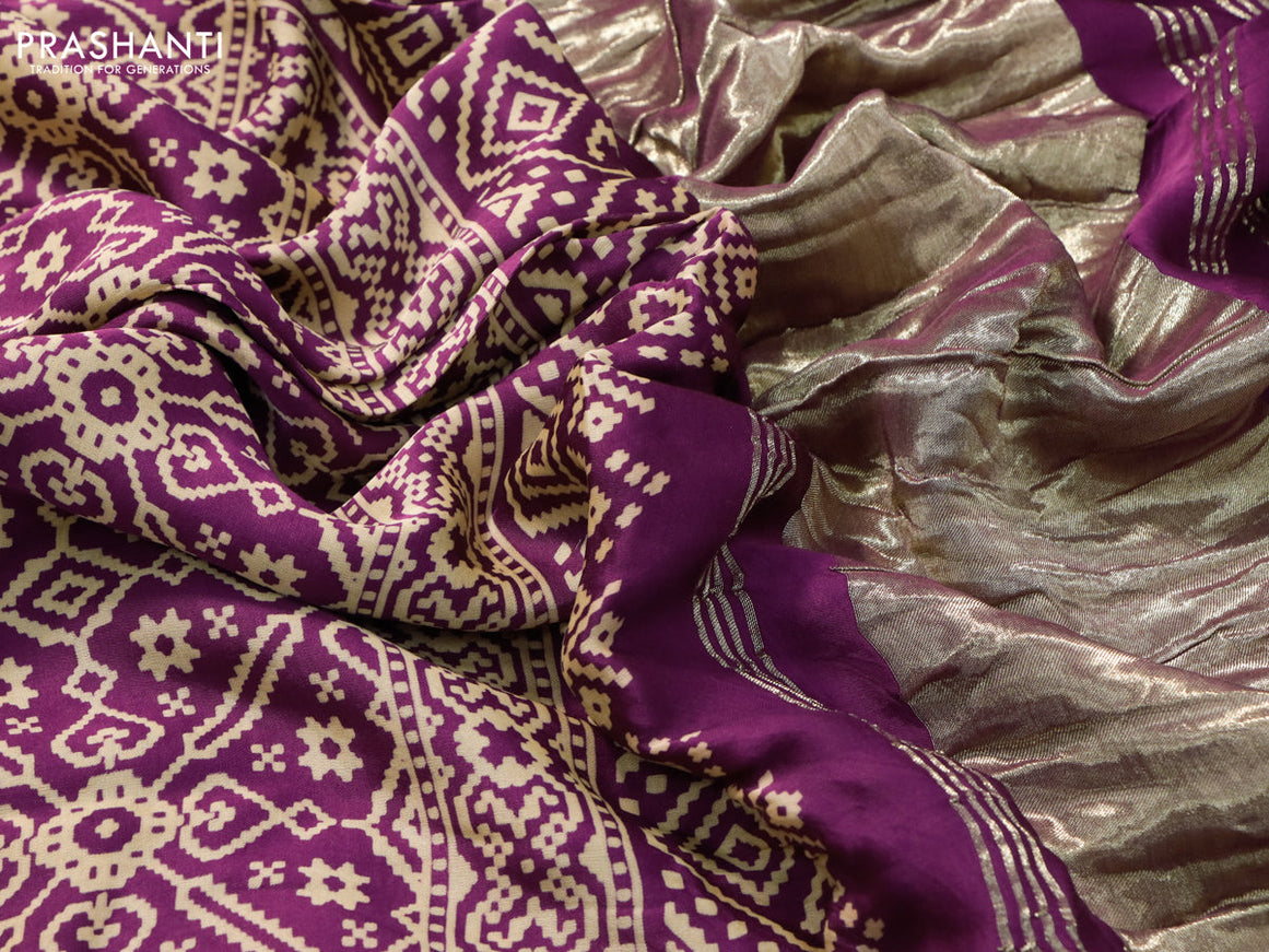 Modal silk saree purple with allover patola prints and zari woven pallu