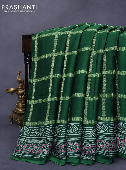 Modal silk saree green with allover zari checked pattern and printed border