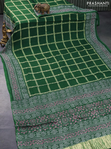 Modal silk saree green with allover zari checked pattern and printed border