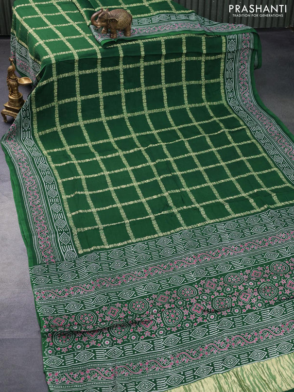 Modal silk saree green with allover zari checked pattern and printed border