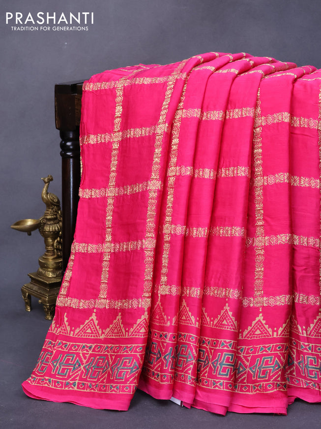 Modal silk saree pink with allover zari checked pattern and printed border