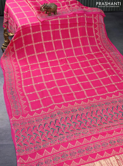 Modal silk saree pink with allover zari checked pattern and printed border