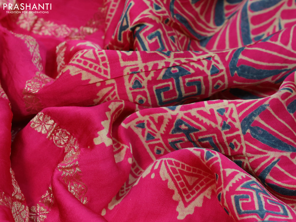 Modal silk saree pink with allover zari checked pattern and printed border
