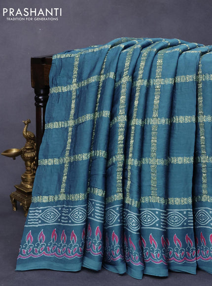 Modal silk saree bluish grey with allover zari checked pattern and printed border