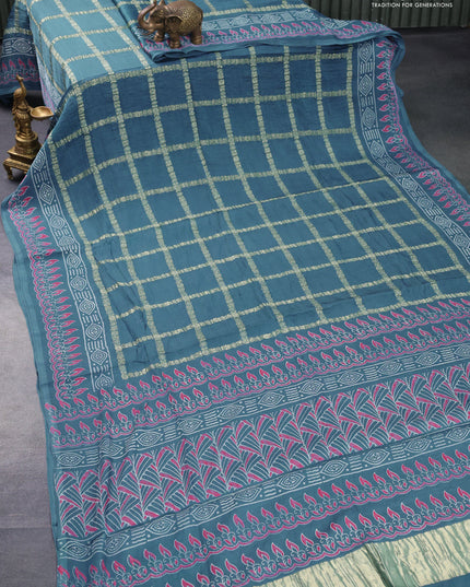 Modal silk saree bluish grey with allover zari checked pattern and printed border