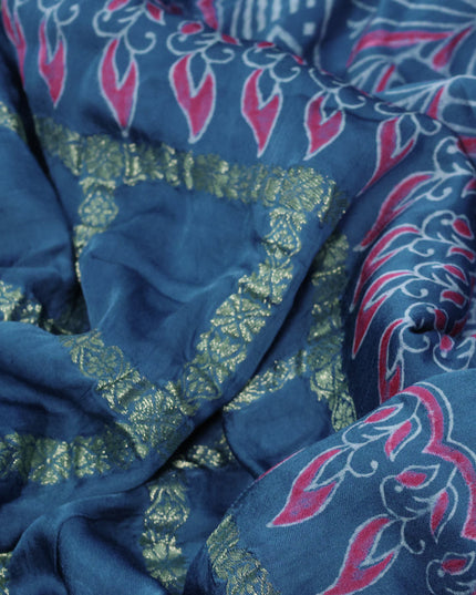 Modal silk saree bluish grey with allover zari checked pattern and printed border