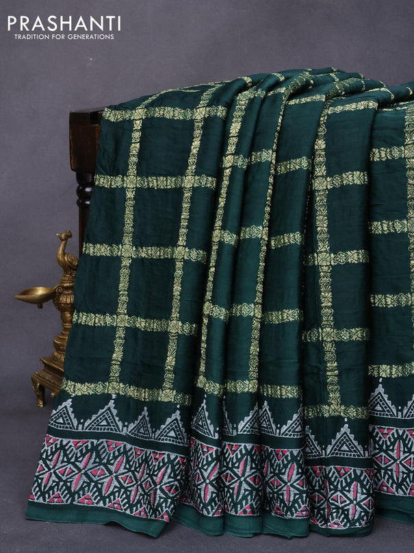 Modal silk saree dark green with allover zari checked pattern and printed border