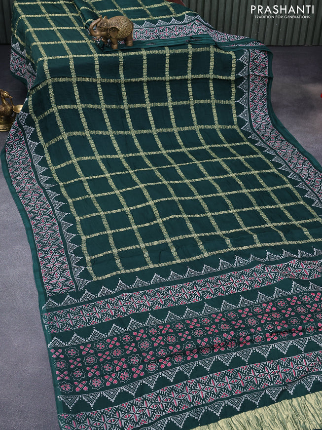 Modal silk saree dark green with allover zari checked pattern and printed border
