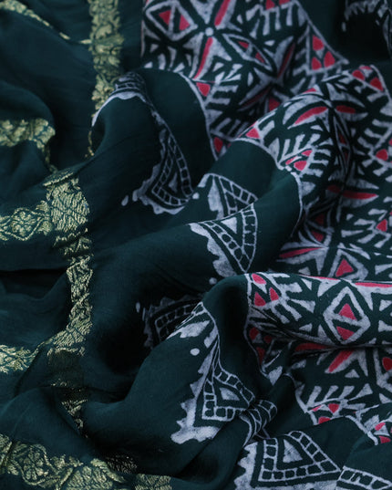 Modal silk saree dark green with allover zari checked pattern and printed border