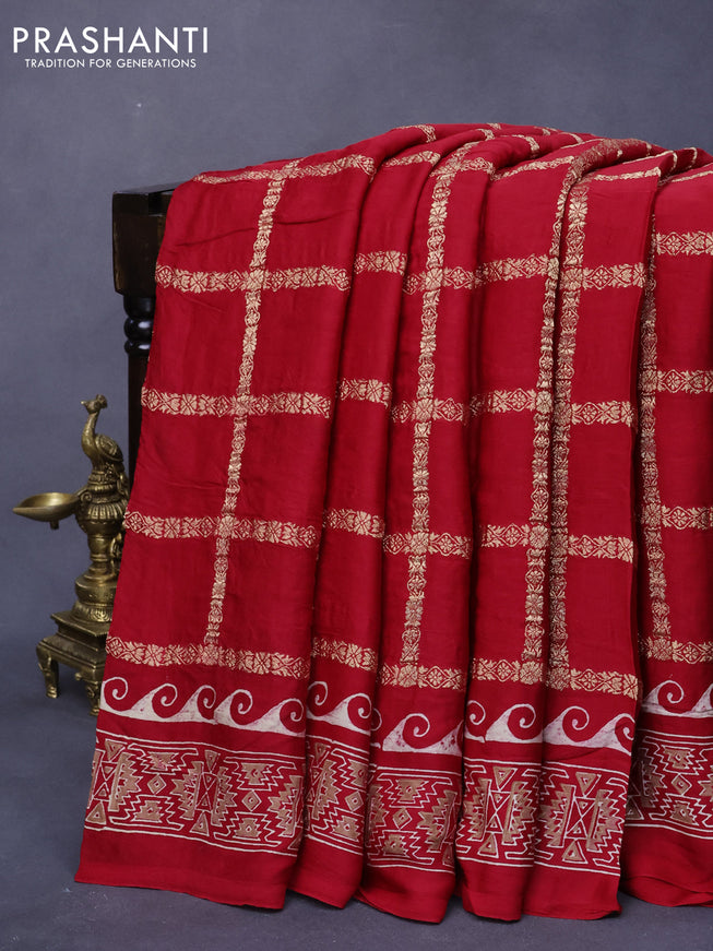 Modal silk saree red with allover zari checked pattern and printed border