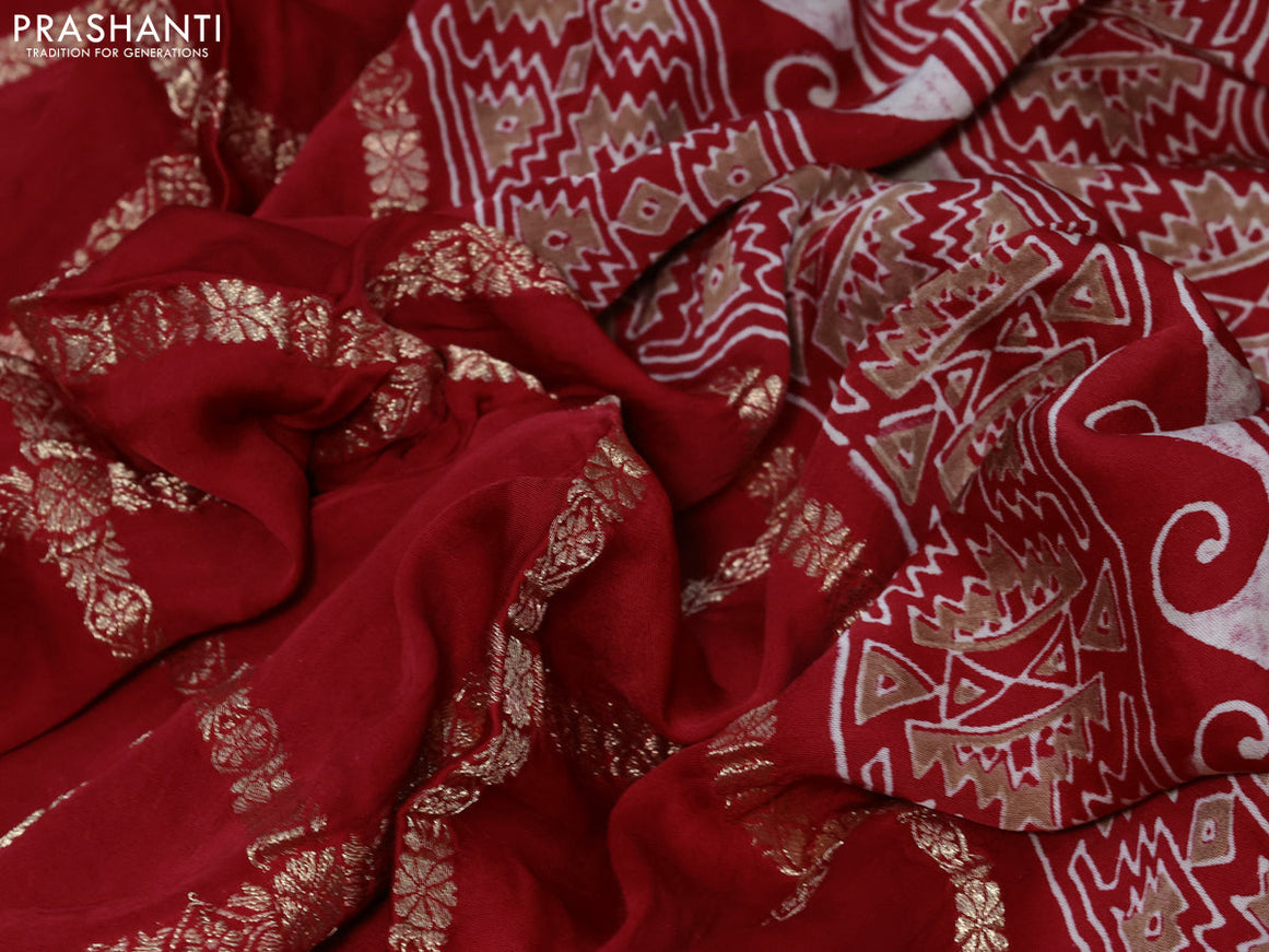 Modal silk saree red with allover zari checked pattern and printed border