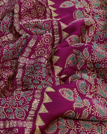 Modal silk saree magenta pink with allover zari checks & ajrakh butta prints and zari woven pallu
