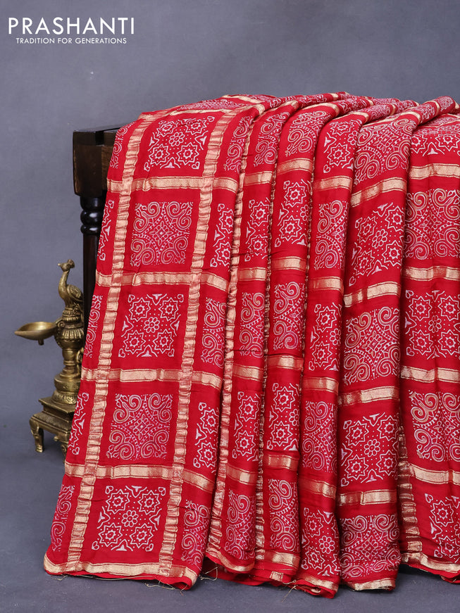 Modal silk saree red with allover zari checks & ajrakh butta prints and zari woven pallu