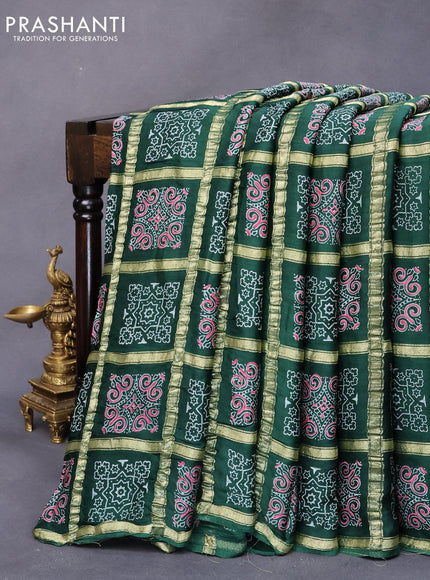 Modal silk saree green with allover zari checks & ajrakh butta prints and zari woven pallu