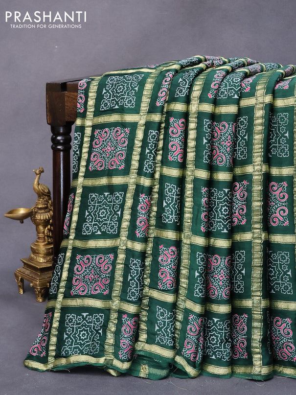 Modal silk saree green with allover zari checks & ajrakh butta prints and zari woven pallu