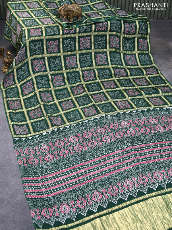 Modal silk saree green with allover zari checks & ajrakh butta prints and zari woven pallu