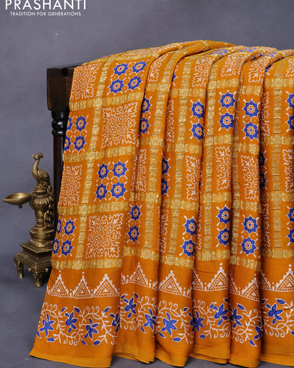 Modal silk saree mustard yellow with allover zari checks & ajrakh butta prints and zari woven pallu