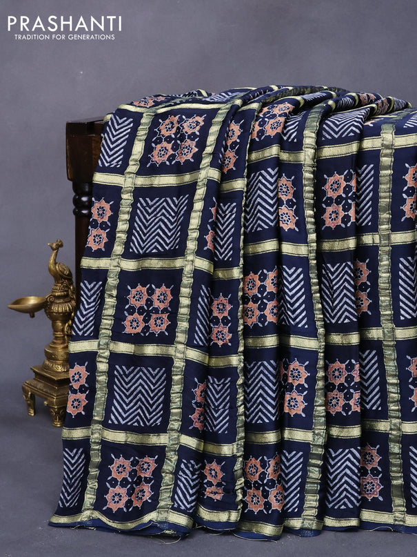 Modal silk saree dark blue with allover zari checks & ajrakh butta prints and zari woven pallu