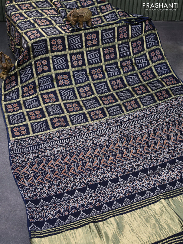 Modal silk saree dark blue with allover zari checks & ajrakh butta prints and zari woven pallu