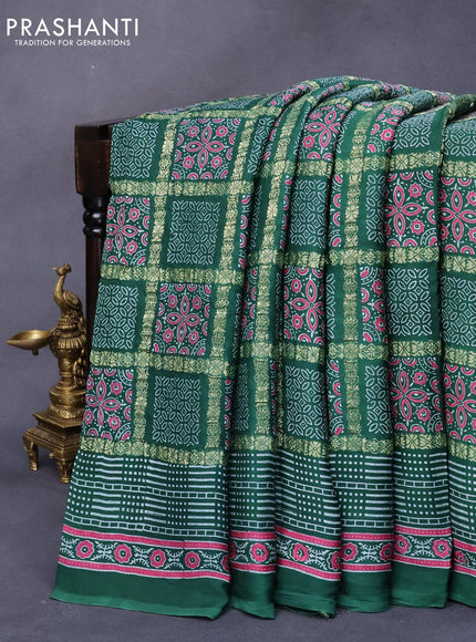 Modal silk saree green with allover zari checks & ajrakh butta prints and zari woven pallu