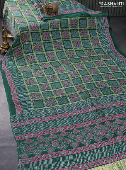 Modal silk saree green with allover zari checks & ajrakh butta prints and zari woven pallu