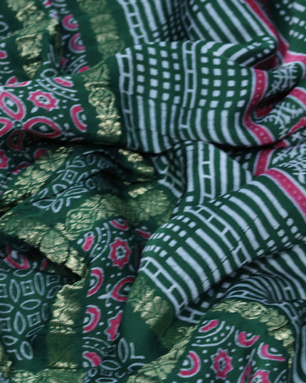 Modal silk saree green with allover zari checks & ajrakh butta prints and zari woven pallu