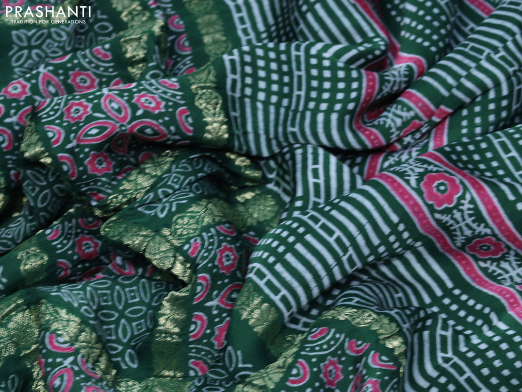 Modal silk saree green with allover zari checks & ajrakh butta prints and zari woven pallu
