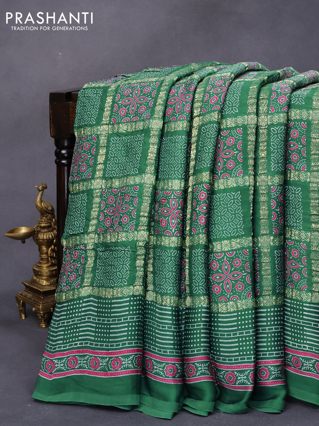 Modal silk saree green shade with allover zari checks & ajrakh butta prints and zari woven pallu
