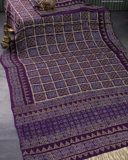 Modal silk saree violet with allover zari checks & ajrakh butta prints and zari woven pallu