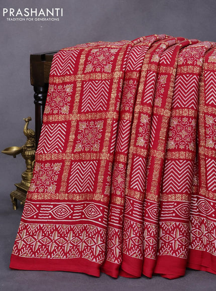 Modal silk saree red with allover zari checks & ajrakh butta prints and zari woven pallu