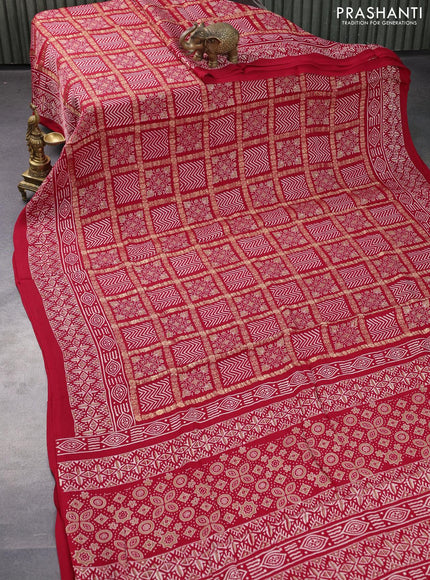 Modal silk saree red with allover zari checks & ajrakh butta prints and zari woven pallu