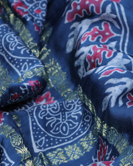 Modal silk saree blue shade with allover zari checks & ajrakh butta prints and zari woven pallu