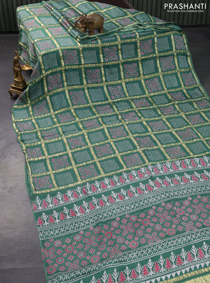 Modal silk saree green shade with allover zari checks & ajrakh butta prints and zari woven pallu