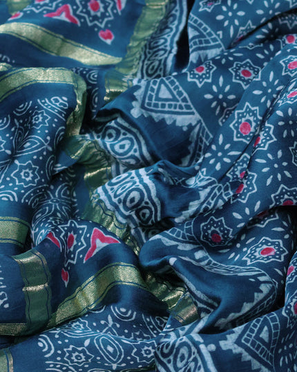 Modal silk saree peacock blue with allover zari checks & ajrakh butta prints and zari woven pallu